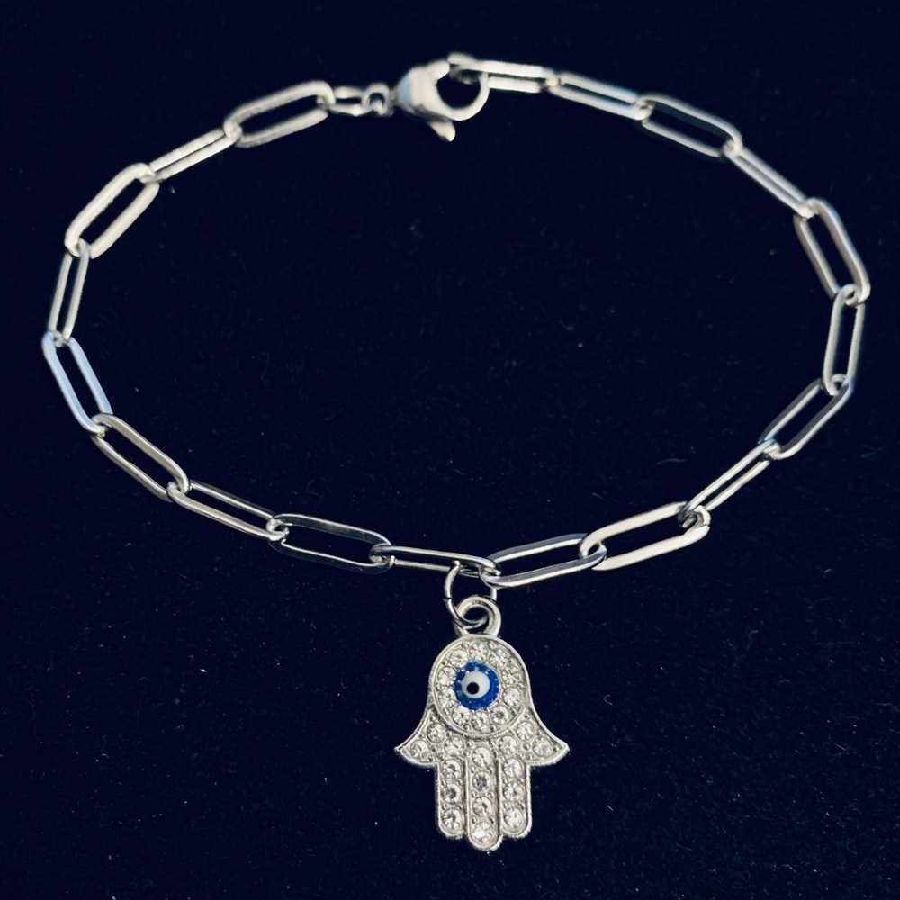 Rhinestone Hamsa Hand Evil Eye “paper clip” chain bracelet